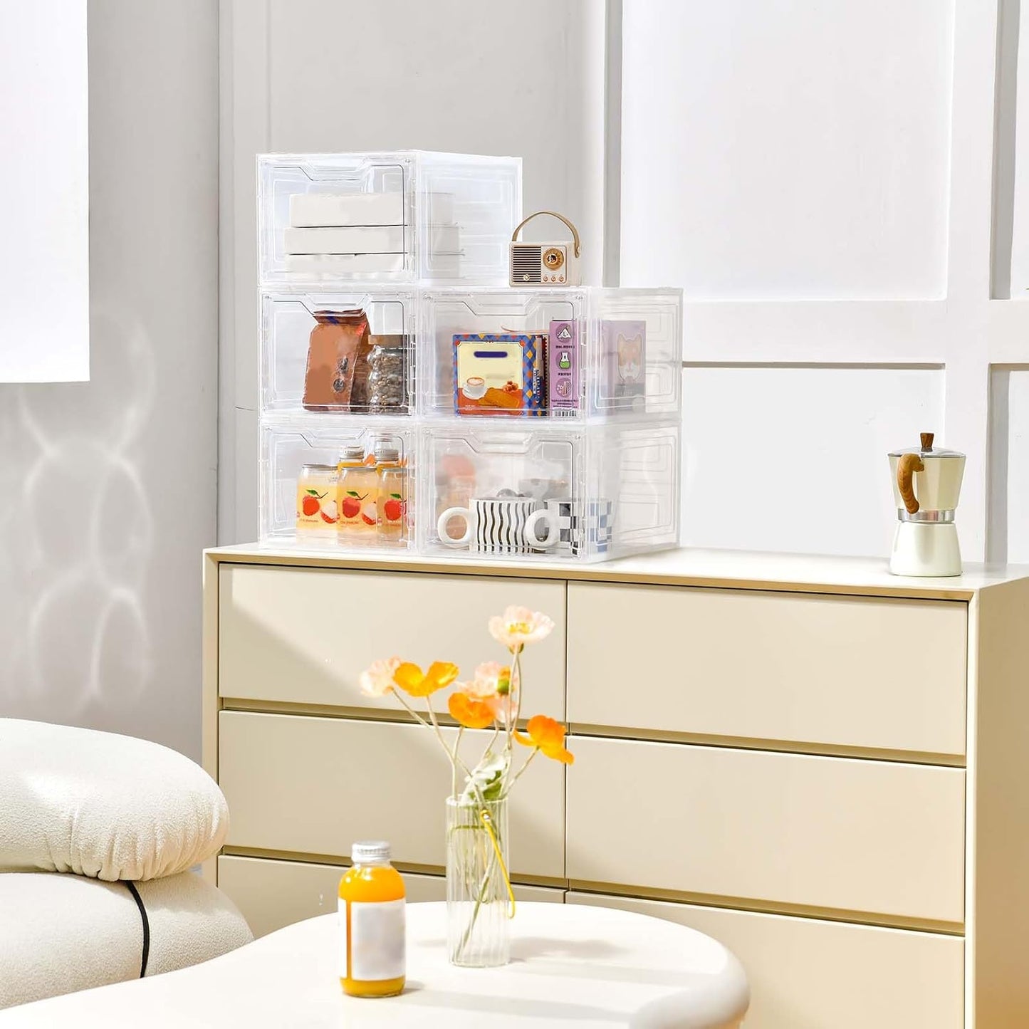 6 Pack Closet Organizers and Storage,Clear Stackable Plastic Storage Bins with Lids Magnetic Doors,Clothes Organizers and Storage,Plastic Craft Containers for Wardrobe Kitchen Bathroom Office