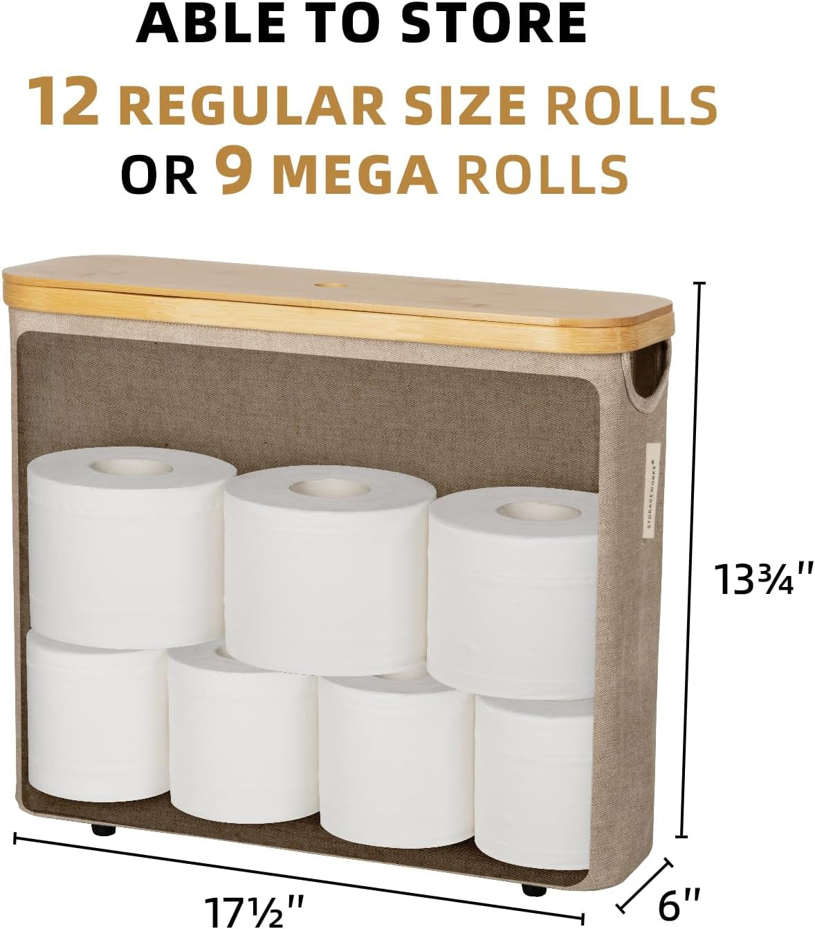 Toilet Paper Storage Basket, Papers Container with Bamboo Lid, Medium Toilets Holder for up to 9 Mega Rolls, Organizer for Bathroom, Brown and Beige, 1 Pack