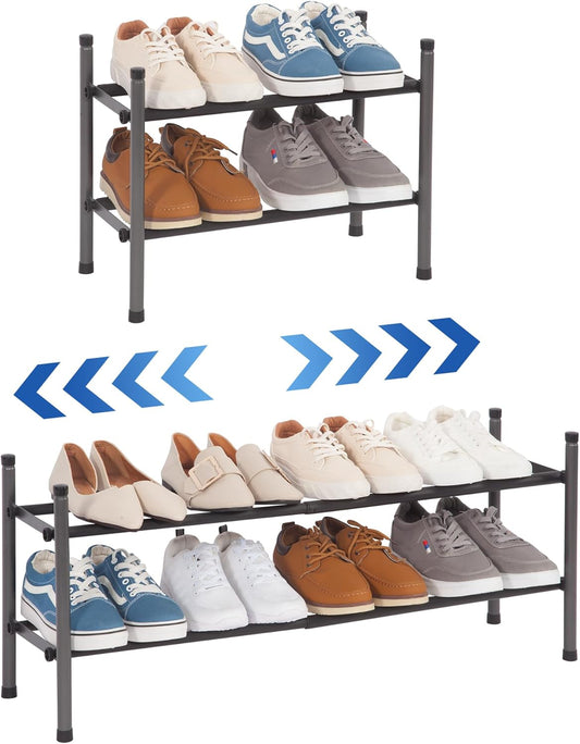 Expandable Shoe Rack, Stackable Shoe Rack for Closet, Small Shoe Rack Organizer for Entryway, Adjustable Shoe Rack for Garage, Shoe Rack for Front Door, Metal Shoe Rack, Black 2 Tier