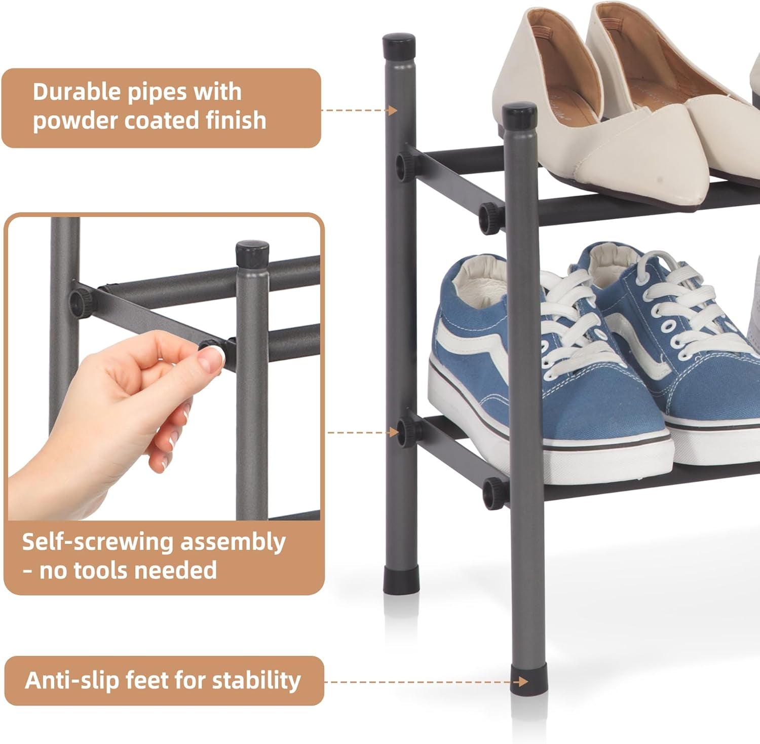Expandable Shoe Rack, Stackable Shoe Rack for Closet, Small Shoe Rack Organizer for Entryway, Adjustable Shoe Rack for Garage, Shoe Rack for Front Door, Metal Shoe Rack, Black 2 Tier