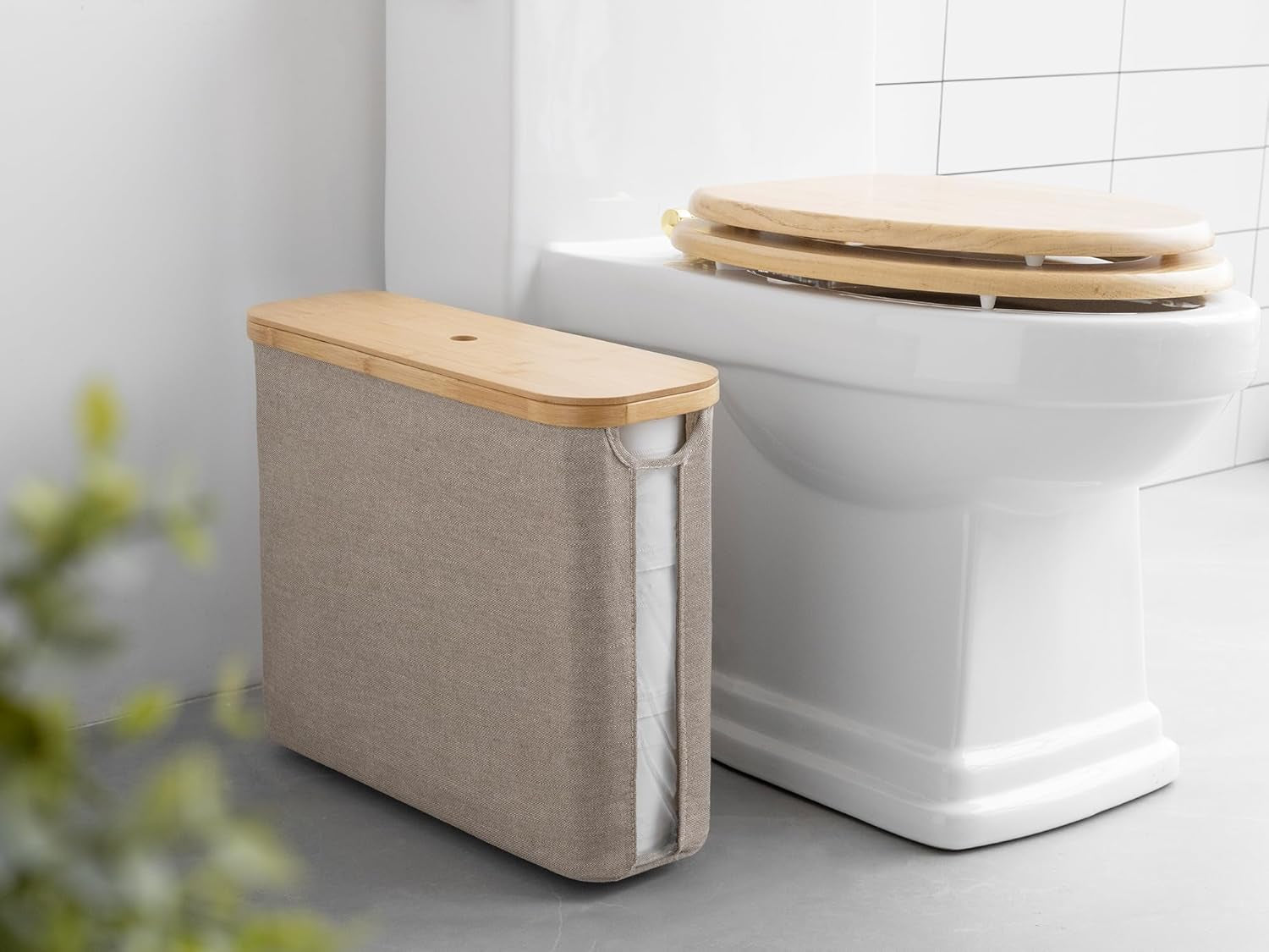 Toilet Paper Storage Basket, Papers Container with Bamboo Lid, Medium Toilets Holder for up to 9 Mega Rolls, Organizer for Bathroom, Brown and Beige, 1 Pack