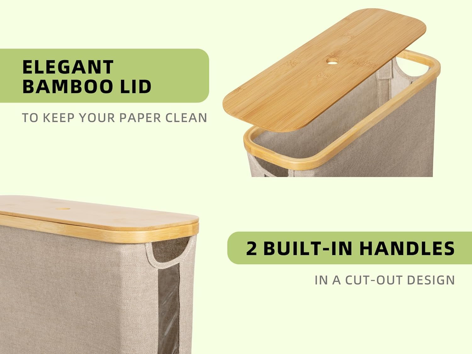 Toilet Paper Storage Basket, Papers Container with Bamboo Lid, Medium Toilets Holder for up to 9 Mega Rolls, Organizer for Bathroom, Brown and Beige, 1 Pack