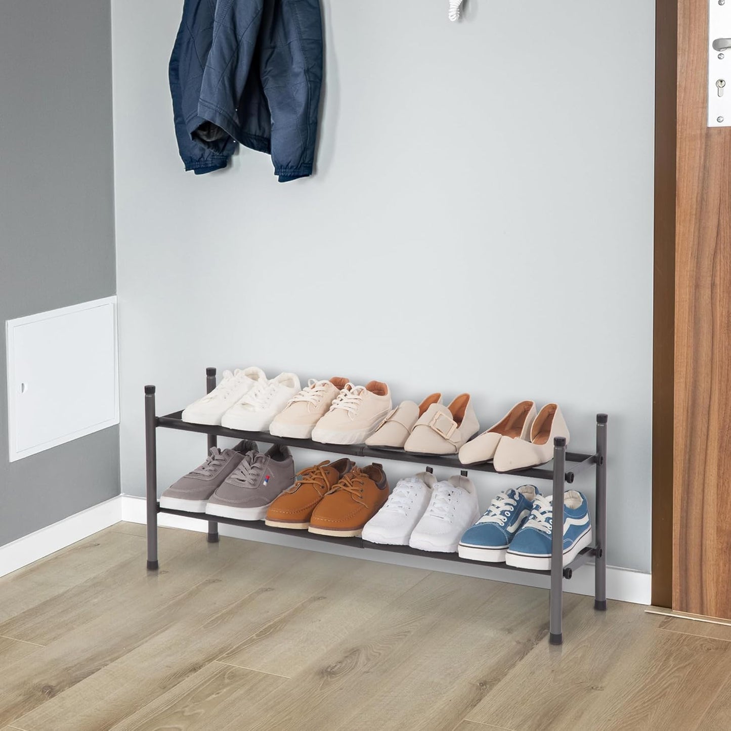 Expandable Shoe Rack, Stackable Shoe Rack for Closet, Small Shoe Rack Organizer for Entryway, Adjustable Shoe Rack for Garage, Shoe Rack for Front Door, Metal Shoe Rack, Black 2 Tier