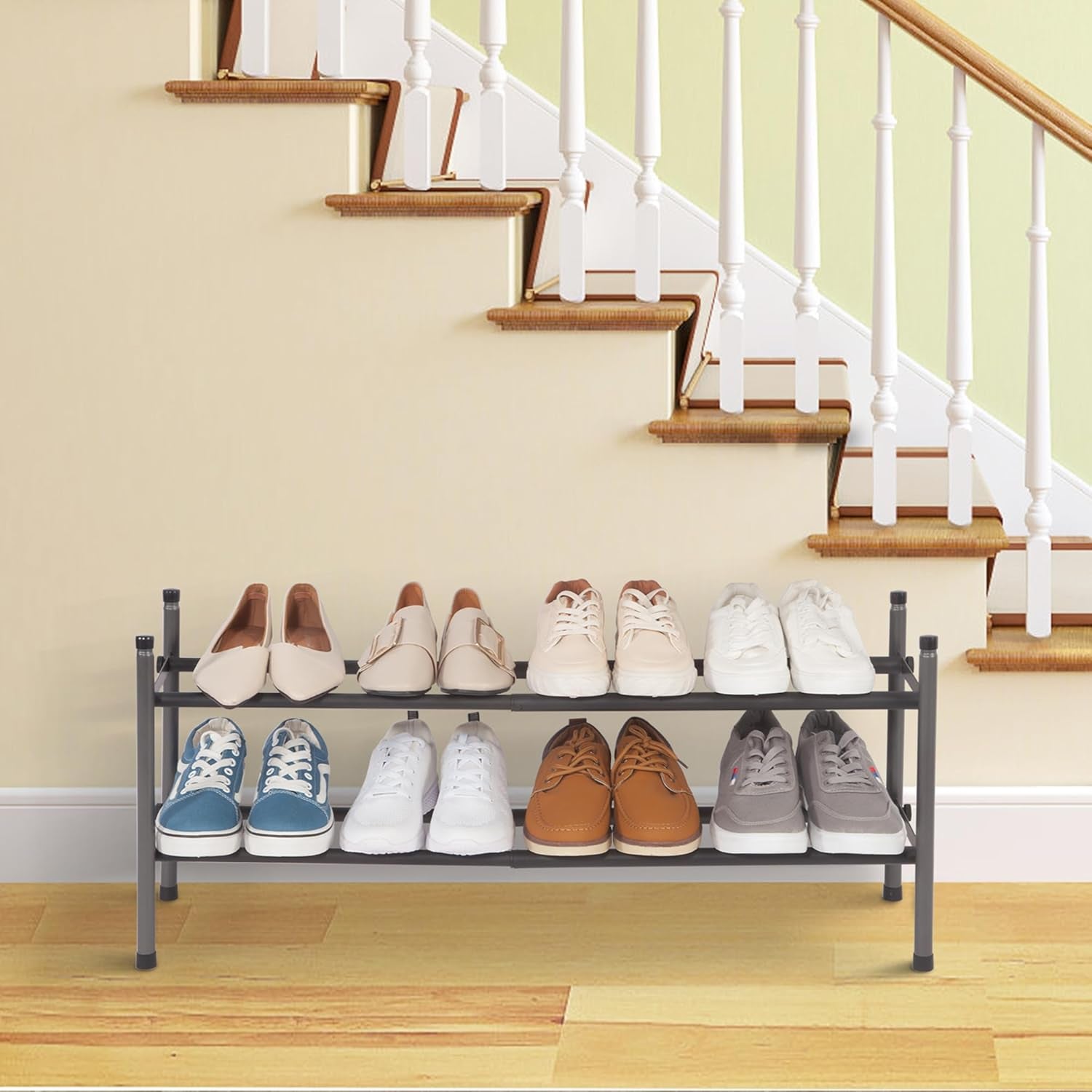 Expandable Shoe Rack, Stackable Shoe Rack for Closet, Small Shoe Rack Organizer for Entryway, Adjustable Shoe Rack for Garage, Shoe Rack for Front Door, Metal Shoe Rack, Black 2 Tier