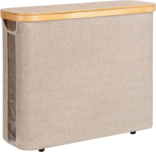 Toilet Paper Storage Basket, Papers Container with Bamboo Lid, Medium Toilets Holder for up to 9 Mega Rolls, Organizer for Bathroom, Brown and Beige, 1 Pack