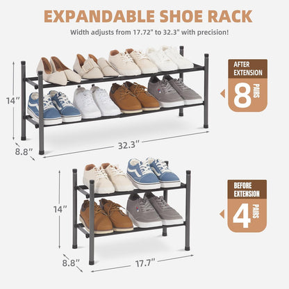 Expandable Shoe Rack, Stackable Shoe Rack for Closet, Small Shoe Rack Organizer for Entryway, Adjustable Shoe Rack for Garage, Shoe Rack for Front Door, Metal Shoe Rack, Black 2 Tier