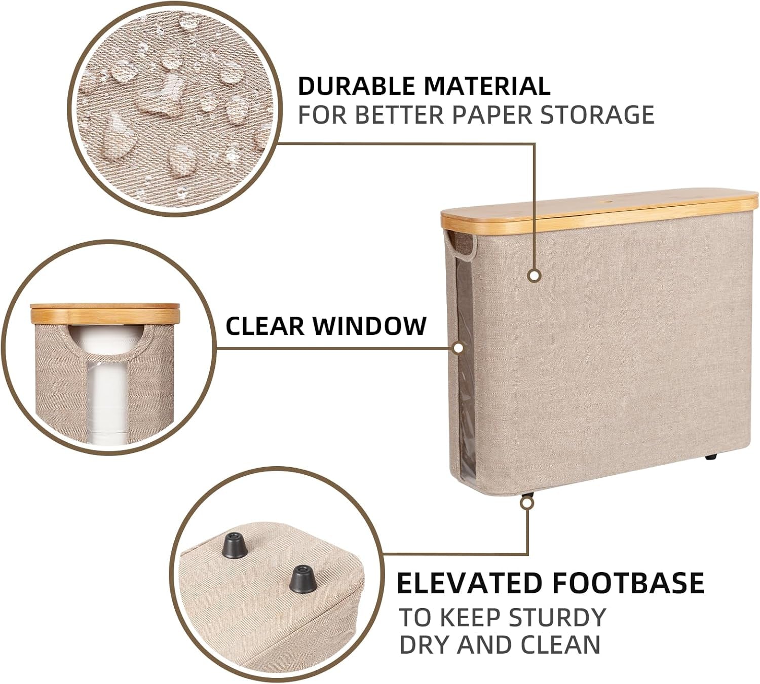 Toilet Paper Storage Basket, Papers Container with Bamboo Lid, Medium Toilets Holder for up to 9 Mega Rolls, Organizer for Bathroom, Brown and Beige, 1 Pack