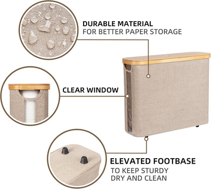 Toilet Paper Storage Basket, Papers Container with Bamboo Lid, Medium Toilets Holder for up to 9 Mega Rolls, Organizer for Bathroom, Brown and Beige, 1 Pack